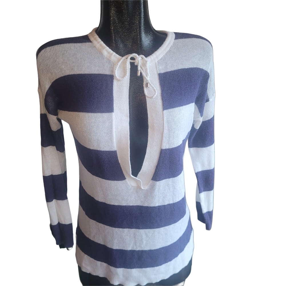LOFT Navy and White Linen Blend V-Neck Long Sleeve Light Knit Top Size S